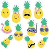 Collection of decorative pineapples of various color and texture isolated on white background. Bundle of exotic tropical ripe juicy fruits. Colorful hand drawn vector illustration in doodle style.