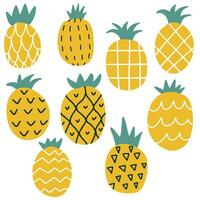 Collection of decorative pineapples of various color and texture isolated on white background. Bundle of exotic tropical ripe juicy fruits. Colorful hand drawn vector illustration in doodle style.