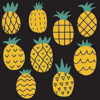 Collection of decorative pineapples of various color and texture isolated on white background. Bundle of exotic tropical ripe juicy fruits. Colorful hand drawn vector illustration in doodle style.