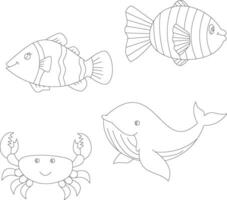 outline ocean creatures clipart set in cartoon style. includes 4 aquatic animals for kids and children vector