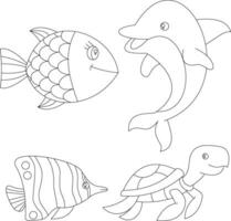 outline aquatic animals clipart set in cartoon style. includes 4 aquatic animals for kids and children vector