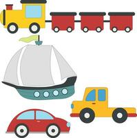 colorful doodle transportation clipart set in cartoon style for kids and children includes 4 vehicles vector