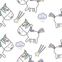 Cute unicorn decorated with clouds and stars. Seamless on a white background. vector