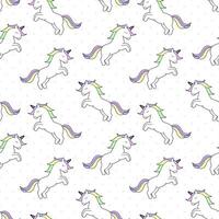 Cute white unicorn on a white background with pink polka dots. Seamless pattern for wallpaper design and decoration. vector