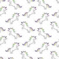 Cute white unicorn on a white background with pink polka dots. Seamless pattern for wallpaper design and decoration. vector