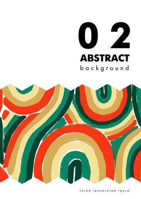 Cover template with pattern with rainbow. Blank with colorful circles painted with a brush. Abstract background with green, beige and red lines