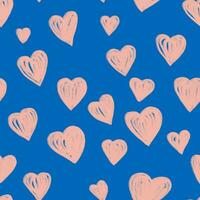 Seamless hand drawn pattern with scribbled by pencil hearts on blue background vector