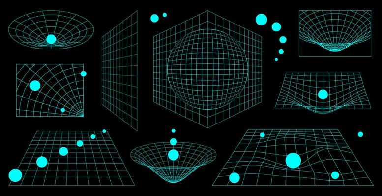 Abstract 3D wireframe shapes, perspective grids and heart. Y2K futuristic retro aesthetic set. Surreal neon geometry figures.