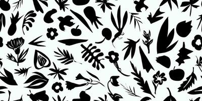a black and white pattern of leaves and flowers vector