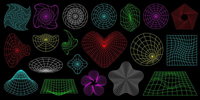 Collection of neon color 3D wireframe shapes, perspective grids and heart. Y2K design elements.