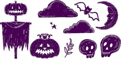 halloween pumpkins, bats, and other items vector