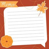 Cute autumn paper memo template. Notes, memo and to do list used in a diary, home or office. vector