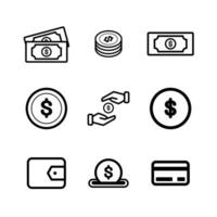 dinero icono conjunto terminado blanco fondo, línea estilo, vector ilustración