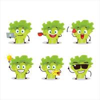 Lettuge cartoon character with various types of business emoticons vector