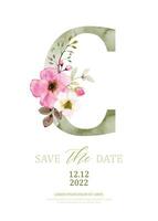 Olive green watercolor of alphabet C decorated with pink bouquet vector