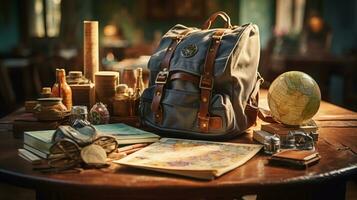 Back Pack For Journey, Globe, World map. Passport, Compass, AI Generative photo