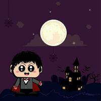 vampiro kawaii en un oscuro noche. Víspera de Todos los Santos dibujos animados - vector