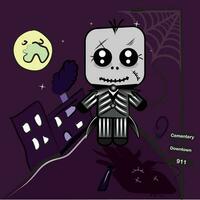 Skeleton kawaii in a cemetery. Halloween cartoon - Vector