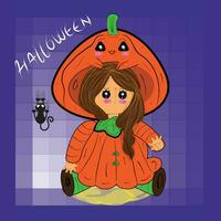 niña disfrazado como un calabaza. Víspera de Todos los Santos disfraz kawaii - vector