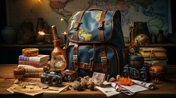 Leather Back Pack For Journey, Globe, World map. Passport, AI Generative photo