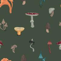 Poisonous mushrooms seamless pattern. Ornament of autumn forest. Vector illustration in cartoon style. Abstract design for halloween decor, wallpaper, background.