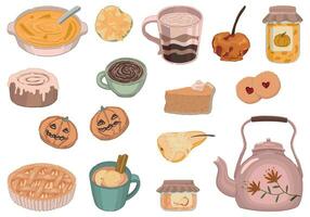 Cartoon clipart set of autumn food, drinks. Doodles of cozy beverages, homemade bakery, berry jam, cookies, baked apples and pears. Modern vector illustrations collection isolated on white.