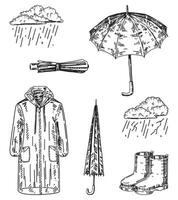 Set of rainy weather attributes. Sketches of raincoat, rubber boots, umbrellas, thunder clouds. Hand drawn vector illustrations. Outline clipart collection isolated on white.