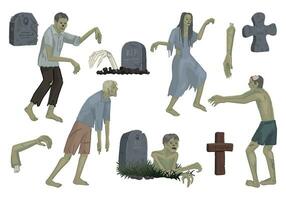 Zombies and tombstones set, walking dead people, crawling out of graves. Halloween vector illustration in cartoon style. Scary monsters collection isolated on white.