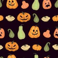 Pumpkins seamless pattern. Ornament of halloween theme, lantern Jack. Vector illustration in cartoon style. Abstract design for spooky decor, wallpaper, background.