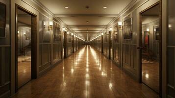 End of a long hallway Interior design, liminal space, hyper-realistic, AI Generated photo