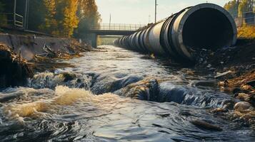 Contaminated water concept, Dirty water flows from the pipe into the river, Water pollution, environment contamination, AI Generative photo