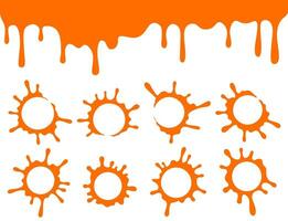 Set of orange round marks from cup, flat style. Ink splatters, paint stains collection.  Running or dripping liquid banner. Badge collection. Badge collection. vector