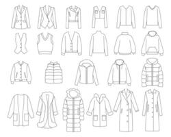 Set of clothes jacket, coat, sweatshirt, sweater, vest, outerwear, down-padded coat, fur coat vector