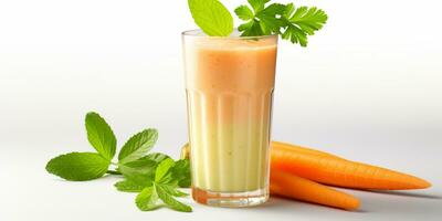 close up of Fresh Carrot Juice with vegetables, isolated on white background, copy space, AI Generative photo