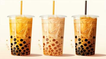 Set of Bubble milk tea drink design, Boba milk tea, taiwanese asian menu, Delicious sweet bubble tea cup with straw, AI Generative photo