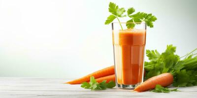 cerca arriba de Fresco Zanahoria jugo con verduras, aislado en blanco fondo, Copiar espacio, ai generativo foto