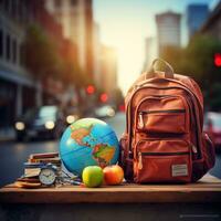 espalda a colegio artículo, mochila, libro de texto, ai generativo foto