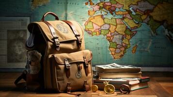 Vintage Backpack, Ready fro journey, Compass, Worldmap, AI Generative photo