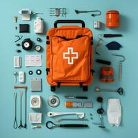 Medical Equipment Line up, flat colors, simple design, emergency, First aid kit, AI Generated photo
