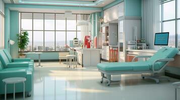 clínica, interior de hospital, paciente habitación, limpiar tranquilo habitación, ai generado foto