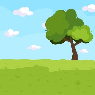 Vector illustration of a green tree against the blue sky and with green grass. Landscape. Background.