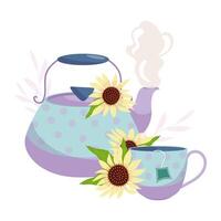 Boiling teapot with a cup of tea with echinacea on a white background vector