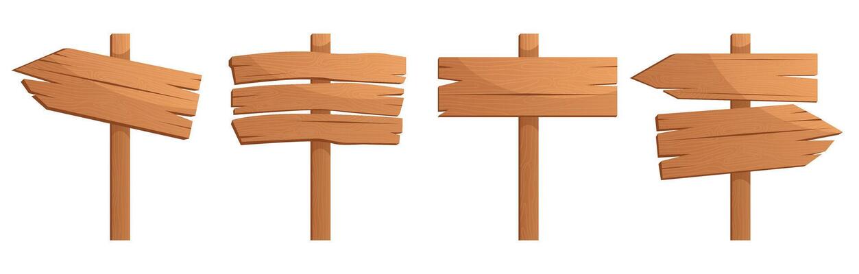Set of vector illustrations of wooden boards with pointers for inscriptions on a white background.