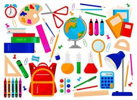 Big vector set of school items in flat style on a white background.