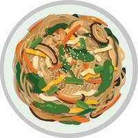 parte superior ver japchae coreano vaso fideos remover freír ilustración vector