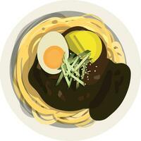 Top View Jjajangmyeon , Korean Noodles in Black Bean Sauce Illustration Vector