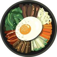 Top View Bibimbap , Korean Mixed Rice with Meat and Assorted Vegetables Illustration Vector