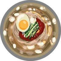 Top View Naengmyeon Cold Noodles in Chilled Broth Illustration Vector