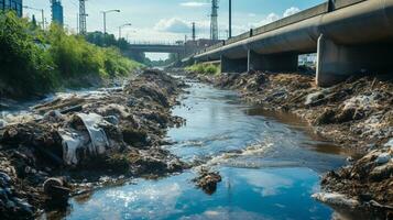 contaminado agua concepto, sucio agua fluye desde el tubo dentro el río, agua contaminación, ambiente contaminación, ai generativo foto