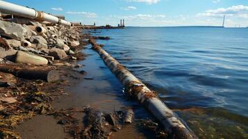 Contaminated water concept, Dirty water flows from the pipe into the river, sea, Water pollution, environment contamination, AI Generative photo